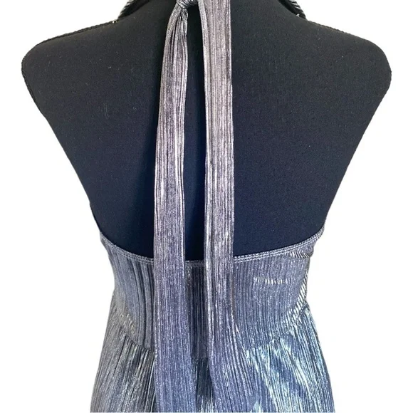 Silver Metallic Pleated Halter Top Maxi Dress Women’s Size Medium Gunmetal - Picture 8 of 11